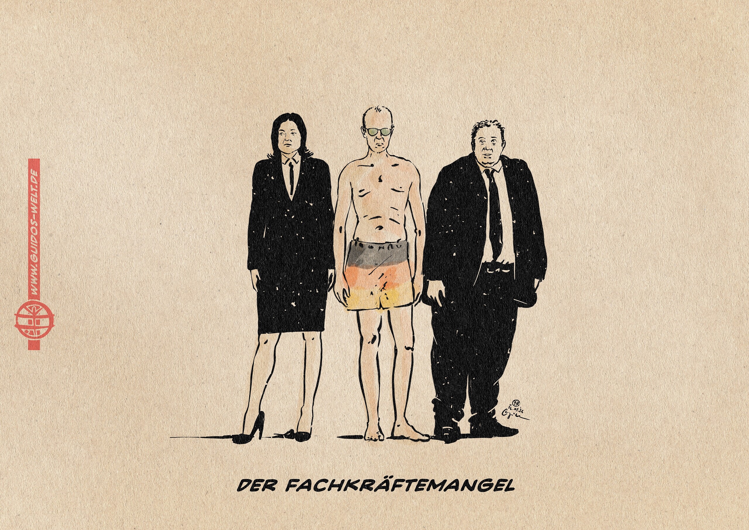 Illustration von Reiche, Merz in Badehose und Klingbeil. Textzeile: Der Fachkräftemangel