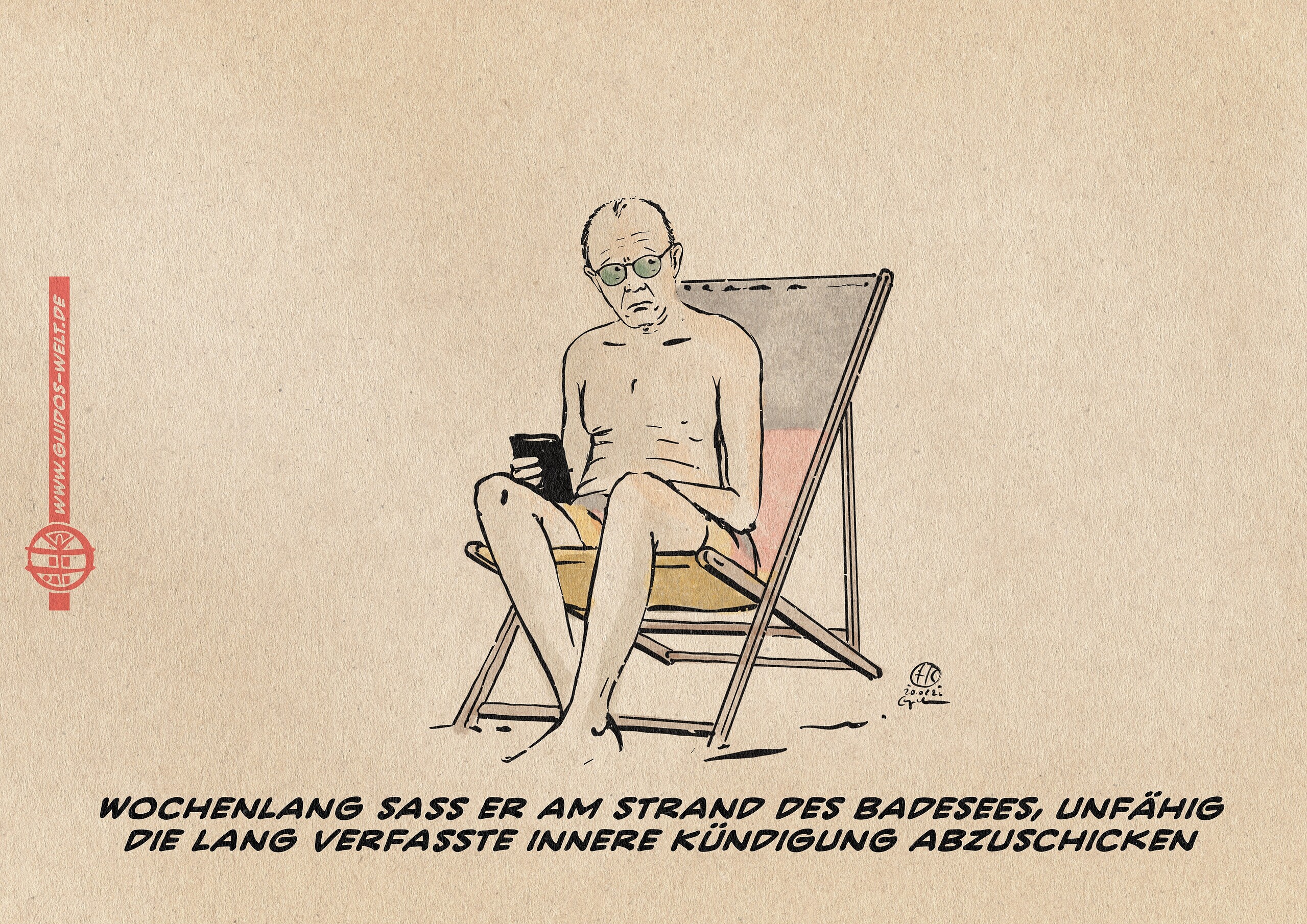 Illustration von Merz als Urlauber in Deutschland - Badehose aufrecht mit Handy in der Hand, in Deutschlandstrandklappstuhl sitzend. Er schaut traurig zur Seite. Textzeile: Wochenlang saß er am Strand des Badesees, unfähig, die lang verfasste innere Kündigung abzuschicken.