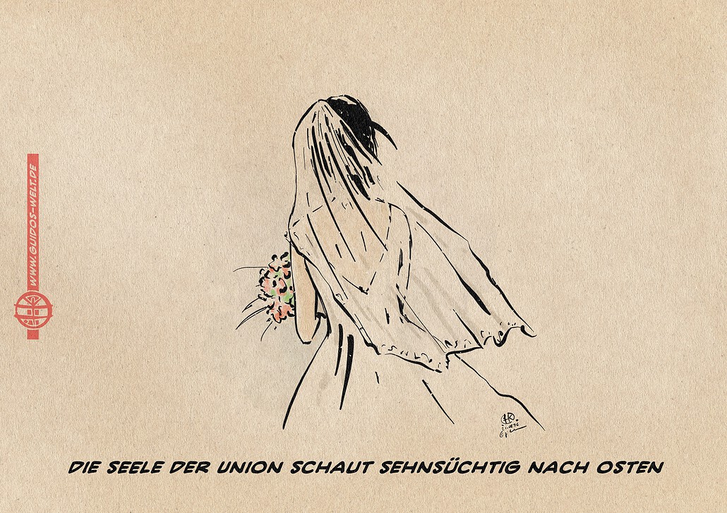 Illustration einer Braut von hinten, die im Wind in die Ferne schaut. Textzeile: Die Seele der Union schaut sehnsüchtig nach Osten