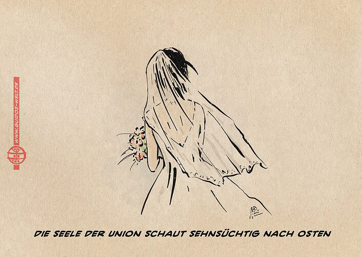 Illustration einer Braut von hinten, die im Wind in die Ferne schaut. Textzeile: Die Seele der Union schaut sehnsüchtig nach Osten