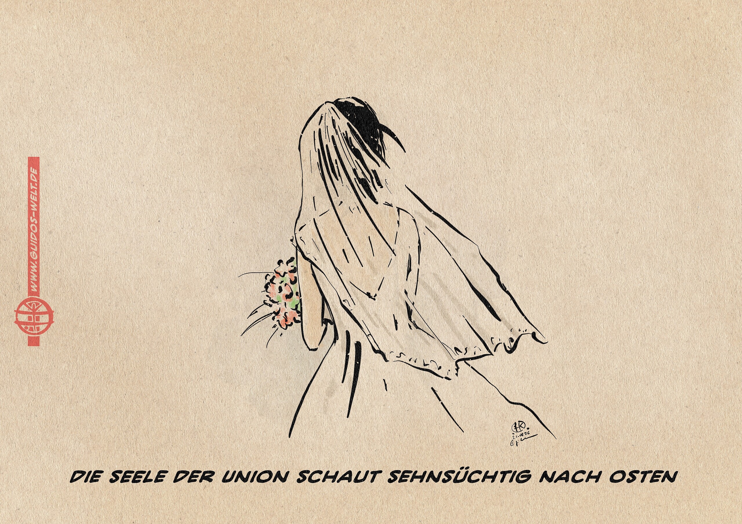 Illustration einer Braut von hinten, die im Wind in die Ferne schaut. Textzeile: Die Seele der Union schaut sehnsüchtig nach Osten