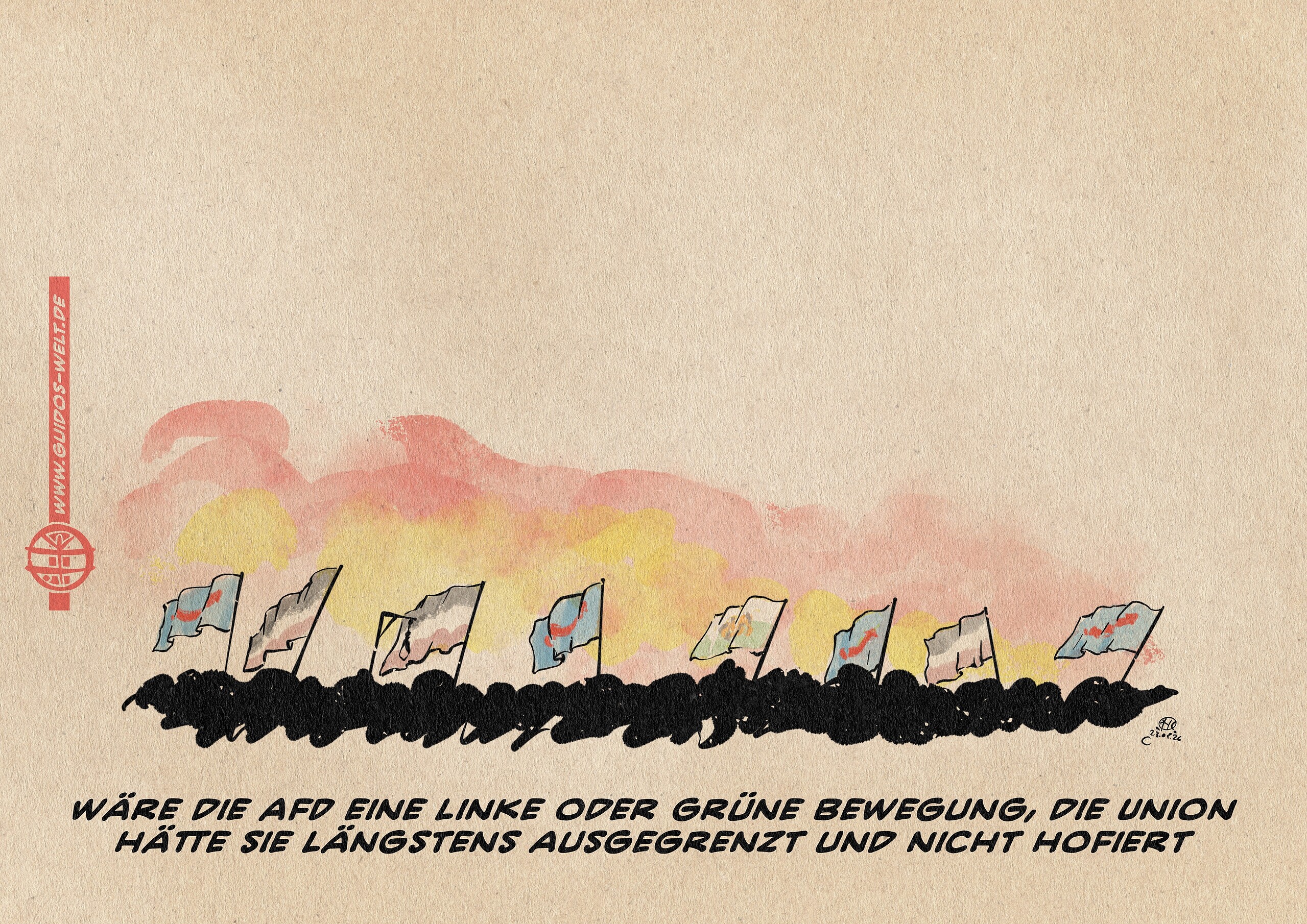 Illustration einer Menschenmenge vor brennendem Hintergrund mit Reichsfahnen, Flaggen der AfD der freuen Sachsen und Galgen. Textzeile: Wäre die AfD eine linke oder Grüne Bewegung, die Union hätte sie längstens ausgegrenzt und nichtIllustration einer Menschenmenge vor brennendem Hintergrund mit Reichsfahnen, Flaggen der AfD der freuen Sachsen und Galgen. Textzeile: Wäre die AfD eine linke oder Grüne Bewegung, die Union hätte sie längstens ausgegrenzt und nicht hofiert. hofiert.