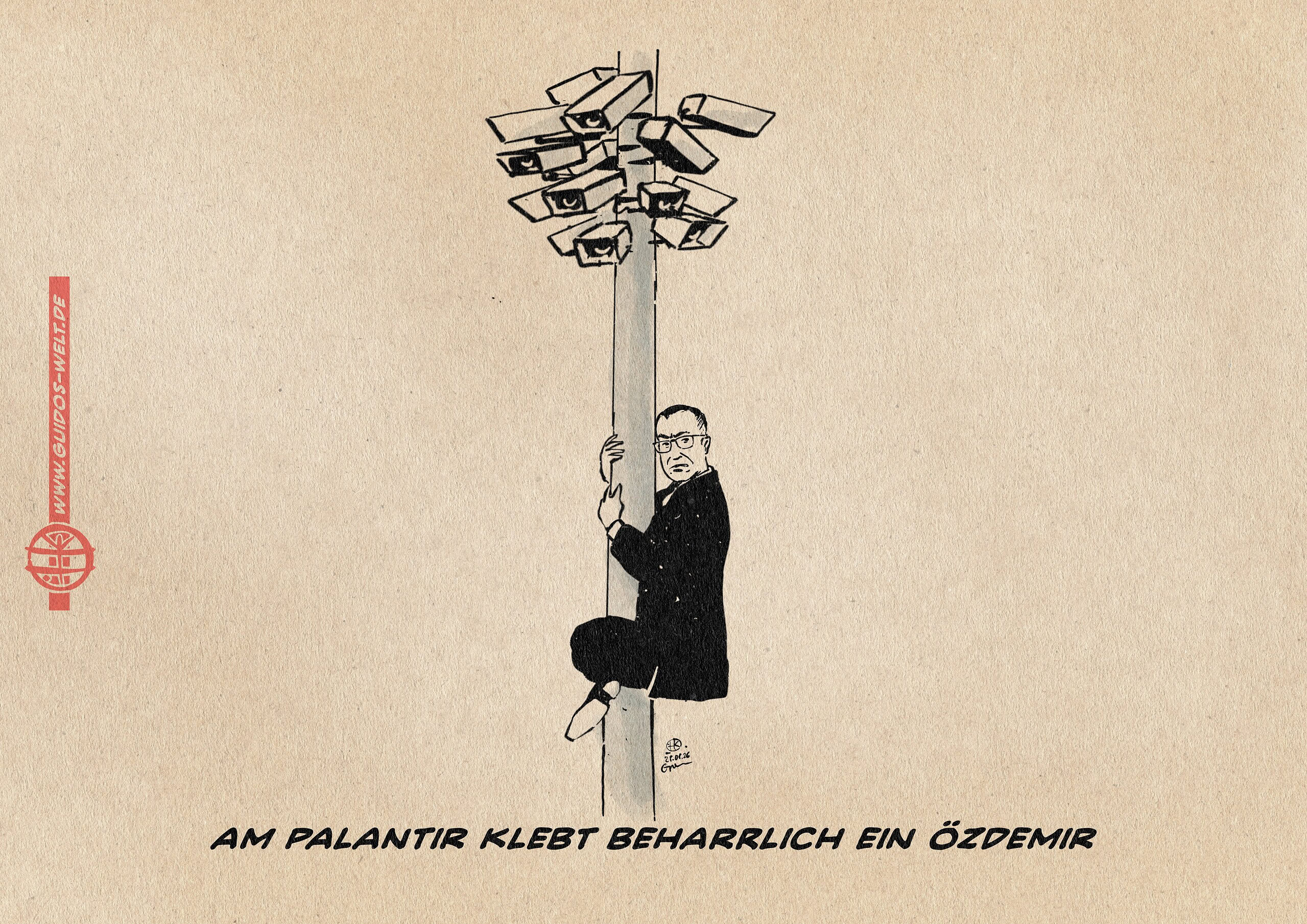 Illustration von Özdemir, der sich an einem Mast mit vielen Überwachungskameras festhält. Textzeile: Am Palantir klebt beharrlich ein Özdemir