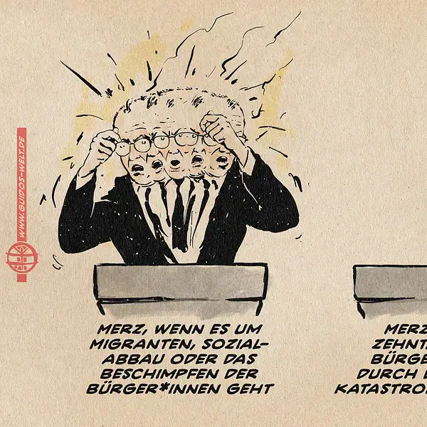 Illustration in Art eines Diptychons: Zwei Mal das selbe Redepult, einmal links mit einem sichtbar erregt gestikulierenden Merz, dessen Gesicht viele Bewegungsphasen gleichzeitig zeigt. Einmal rechts leer. Linker Text unterhalb des Pultes: Merz, wenn es um Migranten, Sozialabbau oder das Beschimpfen der Bürger*innen geht. Rechter Text: Merz, wenn zehntausende Bürger*innen durch die Klimakatastrophe sterben.