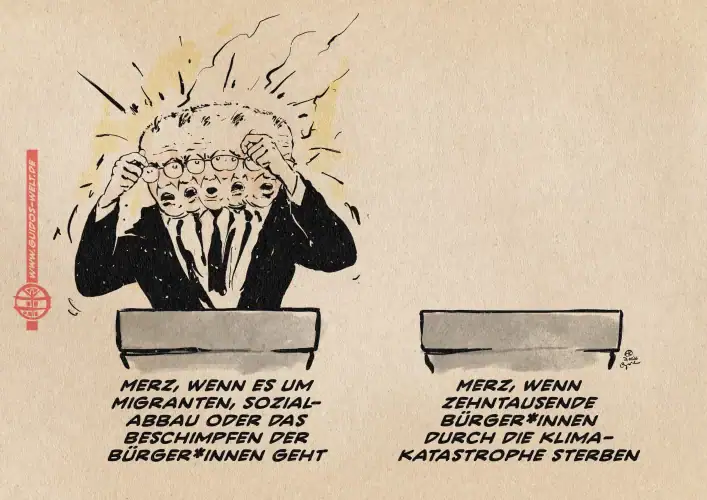 Illustration in Art eines Diptychons: Zwei Mal das selbe Redepult, einmal links mit einem sichtbar erregt gestikulierenden Merz, dessen Gesicht viele Bewegungsphasen gleichzeitig zeigt. Einmal rechts leer. Linker Text unterhalb des Pultes: Merz, wenn es um Migranten, Sozialabbau oder das Beschimpfen der Bürger*innen geht. Rechter Text: Merz, wenn zehntausende Bürger*innen durch die Klimakatastrophe sterben.
