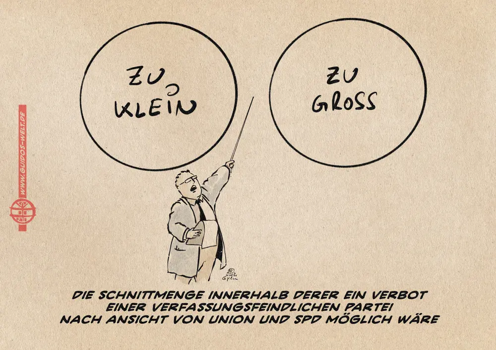 illustration: Wissenschaftler weist mit Zeigestock zwischen zwei sich nicht überlappenden Kreise. Die Kreise sind beschriftet mit „zu klein“ und „zu groß“. Textzeile: Die Schnittmenge, innerhalb derer ein Verbot einer verfassungsfeindlichen Partei nach Ansicht von Union und SPD möglich wäre.