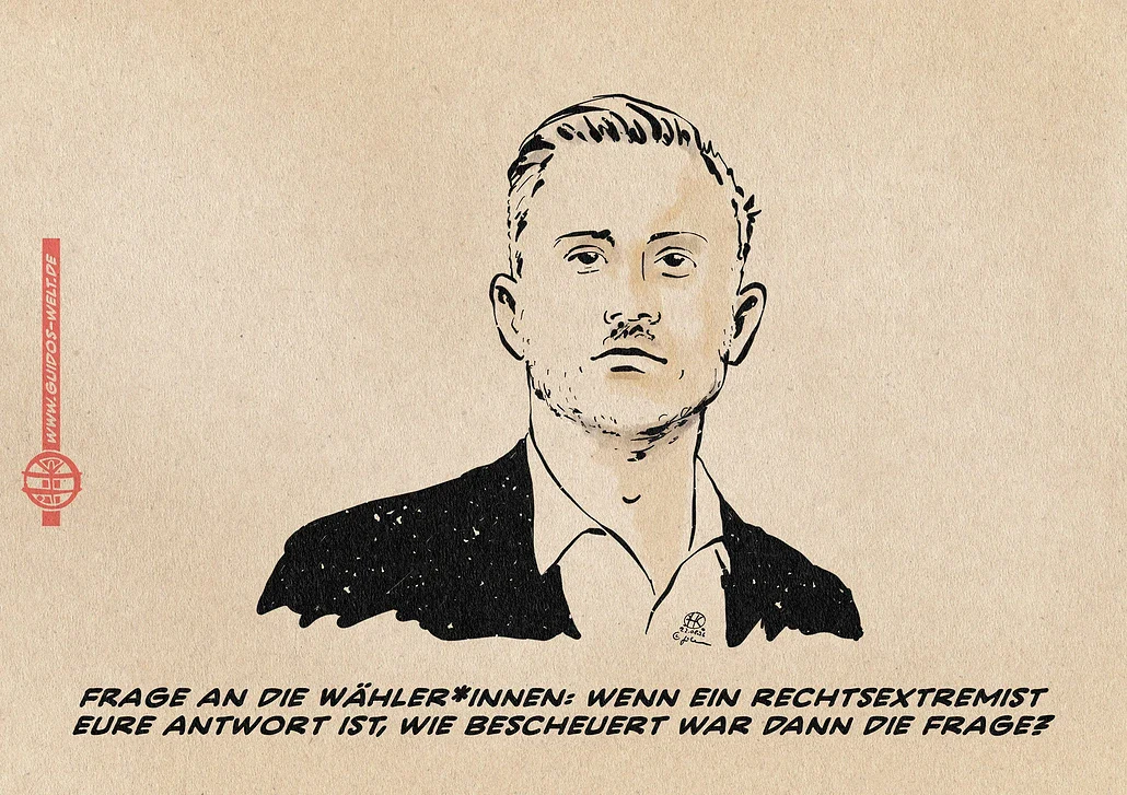 Illustration vom AfD-Spitzenkandidaten U. Siegmund. Darunter die Textzeile: Frage an die Wähler*innen: Wenn ein rechtsextremist eure Antwort ist, wie bescheuert war dann die Frage?