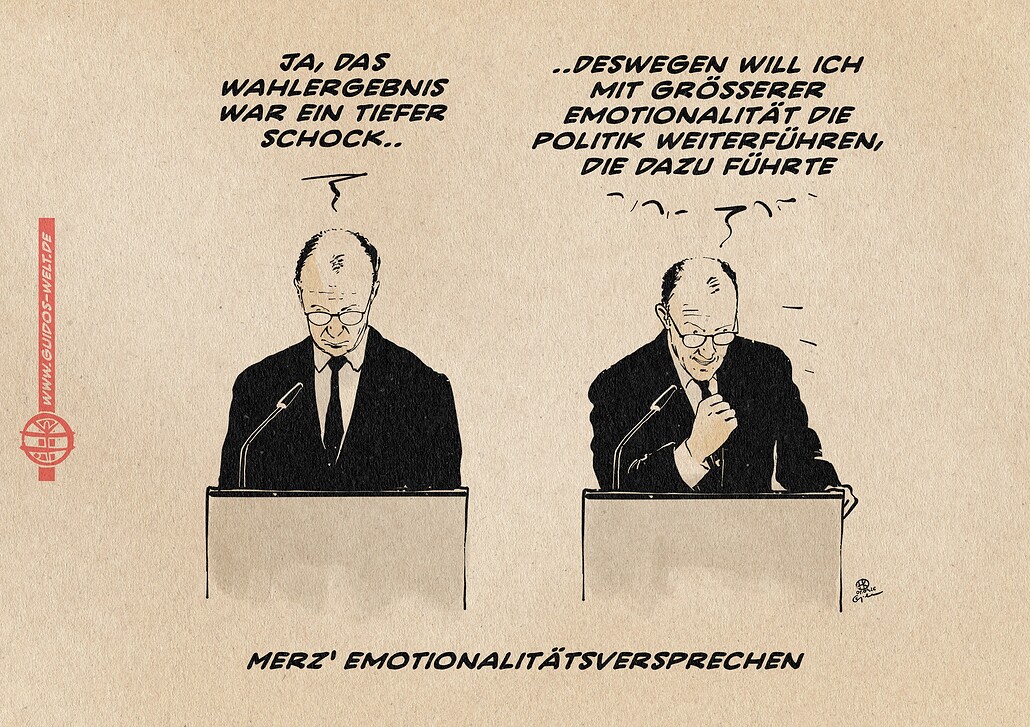 ILlustration von Merz in Art eines Ditychons am Rednerpult: links sagt er: Ja, das Wahlergebnis war ein tiefer Schock.. rechts führt er weiter … deswegen will ich mit größerer Emotionalität die Politik weiterführen, die dazu führte. Textzeile: Merz‘ Emotionalitätsversprechen