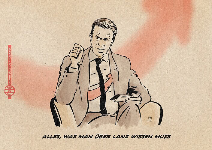 Illustration von Markus Lanz im Talksessel mit der Fingerzangengeste, die er so gerne einsetzt. Unterm offenen Sakko sieht man auf seinem Anzughemd unter dem Schlips quer über den Körper das AfD Logo, welches auch verschwommen den Bildhintergrund bestimmt. Textzeile: Alles, was man über Lanz wissen muss.