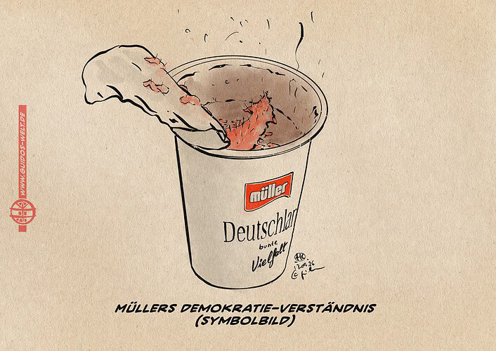 Illustration eines Müllermilchjoghurtbechers mit geöffnetem Deckel. DEr Bescher ist beschriftet mit Müllerlogo, Deutschland bunte Vielfalt. SEin Inhalt ist braun verdorben mit einem Pilz in Form eines AfD Logopfeils. Textzeile: Müllers Demokratie-Verständnis (Symbolbild)