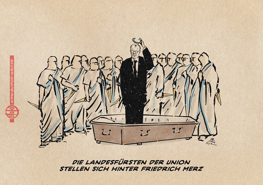 Illustration von Merz in einem Sarg stehend, sich einen caesarischen Lorbeerkranz übers Haupt hebend, inmitten eines Halbkreises aus gesichtslosen Senatoren in römischen Togen, die Messer halten. Textzeile: Die Landesfürsten der Union stellen sich hinter Friedrich Merz.
