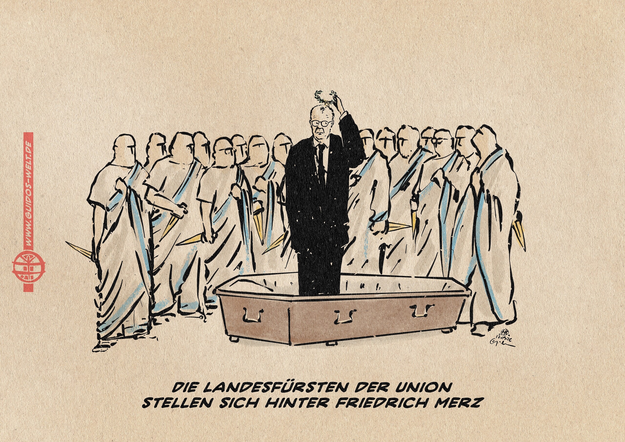 Illustration von Merz in einem Sarg stehend, sich einen caesarischen Lorbeerkranz übers Haupt hebend, inmitten eines Halbkreises aus gesichtslosen Senatoren in römischen Togen, die Messer halten. Textzeile: Die Landesfürsten der Union stellen sich hinter Friedrich Merz.