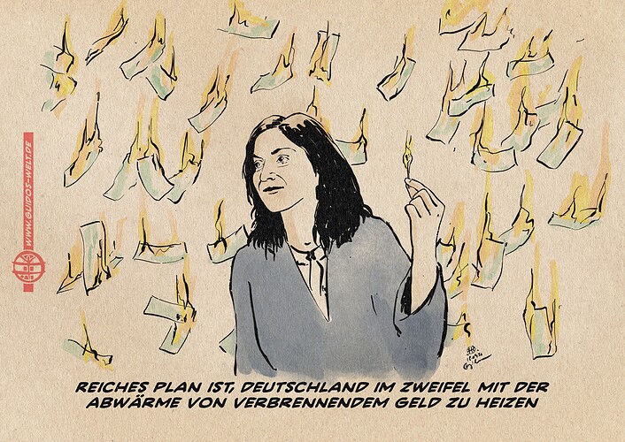 Illustration von Frau Reiche lächelnd mit einem brennenden Streichholz vor unzähligen, in der Luft fliegenden brennenden Geldscheinen. Textzeile: Reiches Plan ist, Deutschland im Zweifel mit der Abwärme von verbrennendem Geld zu heizen.
