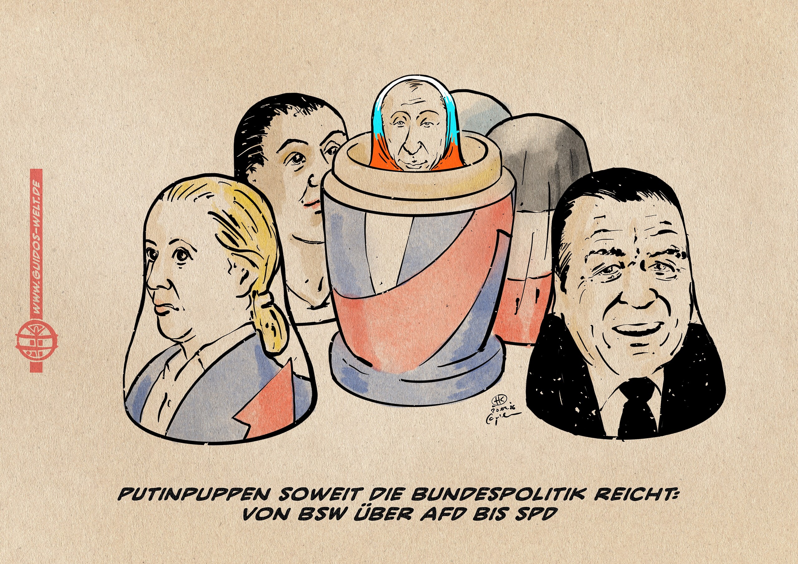 ILlustration von traditionellen Russischen Schachtelpuppen, Matroschkas. IMmKern Outin, darum Hauben von Weidel, Wagenknecht, Nationalisten und Altkanzler Schröder. Textteile: Putinpupoen soweit dei Bundespolitik reicht: von BSW über AFD bis SPD