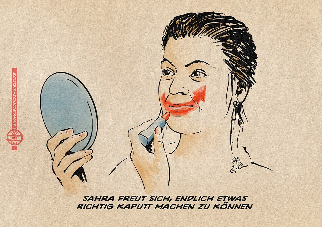 Illustration von Sahra Wagenknecht, die sich Lippenstift in Form des AfD-Logopfeils auflegt. Textzeile: Sahra freut sich endlich, etwas richtig kaputt machen zu können.