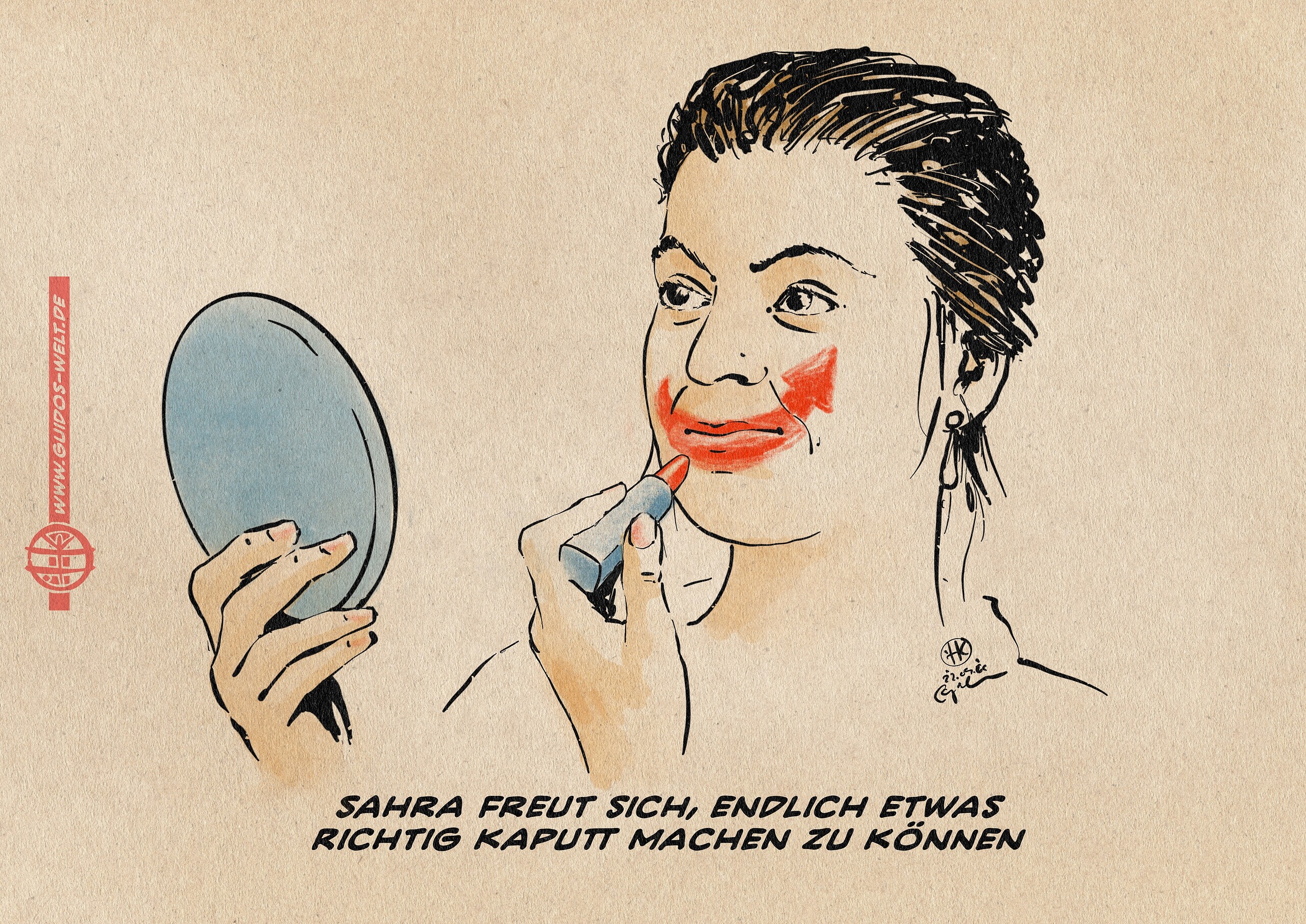 Illustration von Sahra Wagenknecht, die sich Lippenstift in Form des AfD-Logopfeils auflegt. Textzeile: Sahra freut sich endlich, etwas richtig kaputt machen zu können.