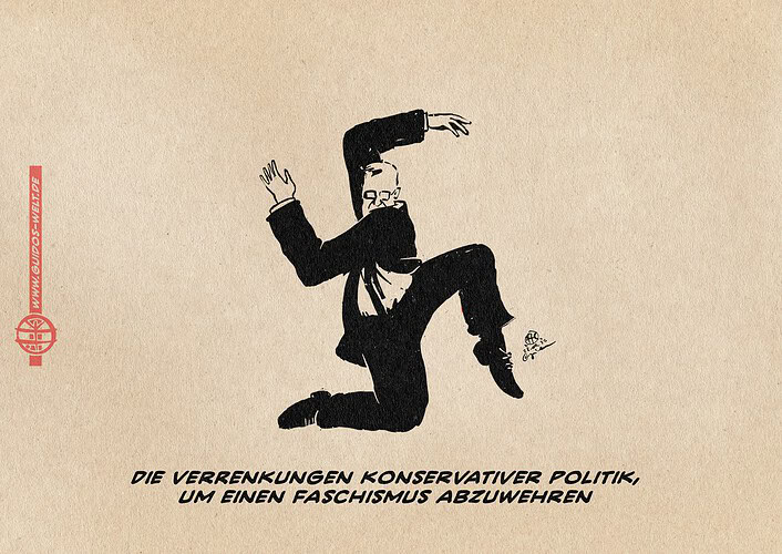 Illustration einer Menschen im Anzug, der mit dem Körper ein Hakenkreuz formt. Die Verrenkungen konservativer Politik, um einen Faschismus abzuwehren.