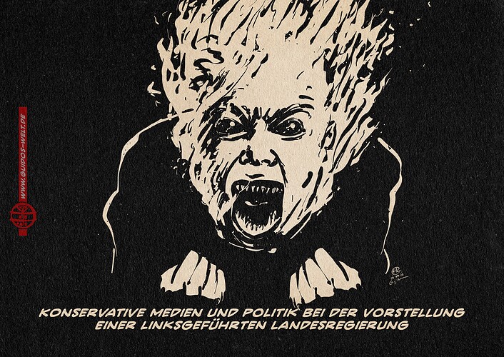 Illustration eines in Flammen gehüllten verkrampft schreienden Kopfes, als Darstellung reiner, hysterischer Wut. Textzeile: Konservative Medien und Politik bei der Vorstellung einer linksgeführten Landesregierung.