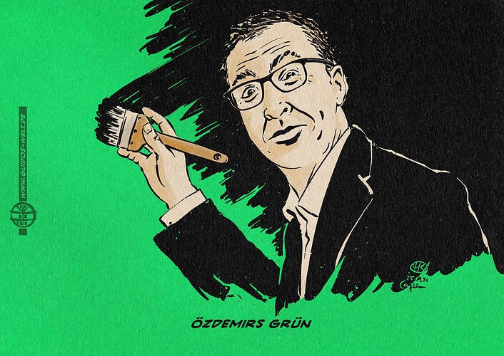 llustration von Özdemir, der sich lächelnd über die Schulter zur Betrachter*innenbene umschauend den grünen Hintergrund schwarz überpinselt. Textzeile: Özdemirs Grün