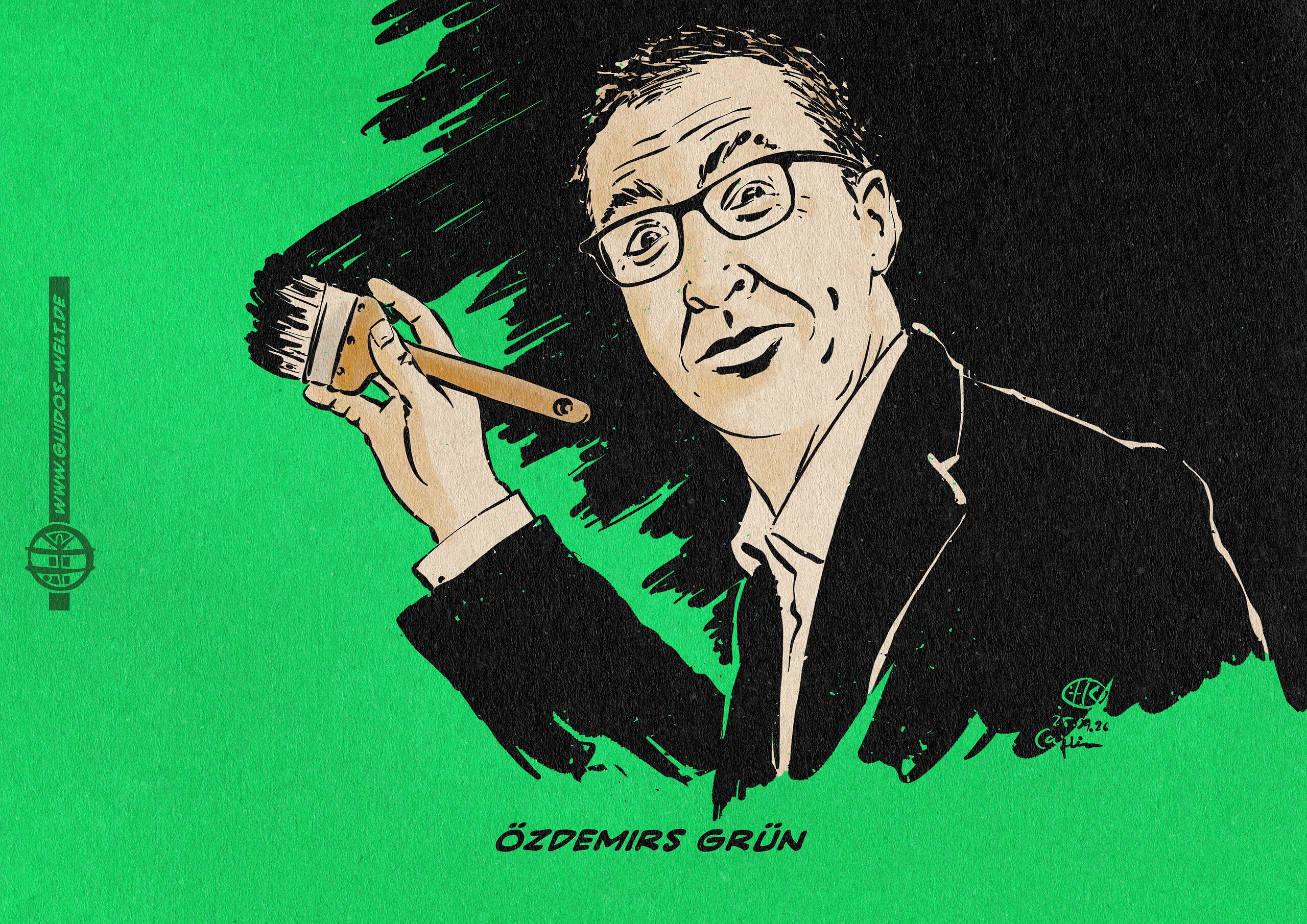 llustration von Özdemir, der sich lächelnd über die Schulter zur Betrachter*innenbene umschauend den grünen Hintergrund schwarz überpinselt. Textzeile: Özdemirs Grün
