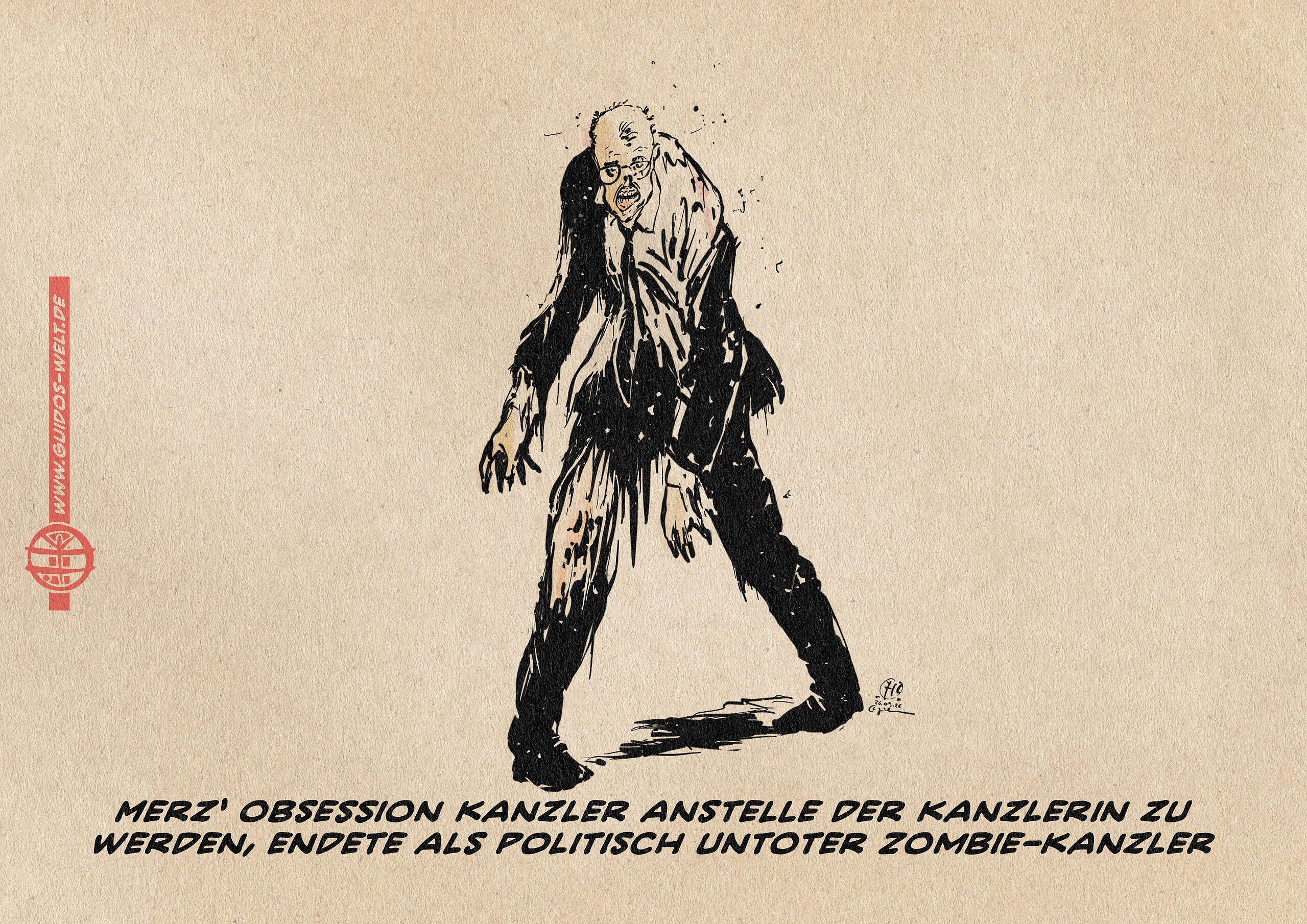 Illustration von Merz als schlurfender Zombie. Textzeile: Merz’ Obsession, Kanzler anstelle der Kanzlerin zu werden, endete als politisch untoter Zombie-Kanzler.
