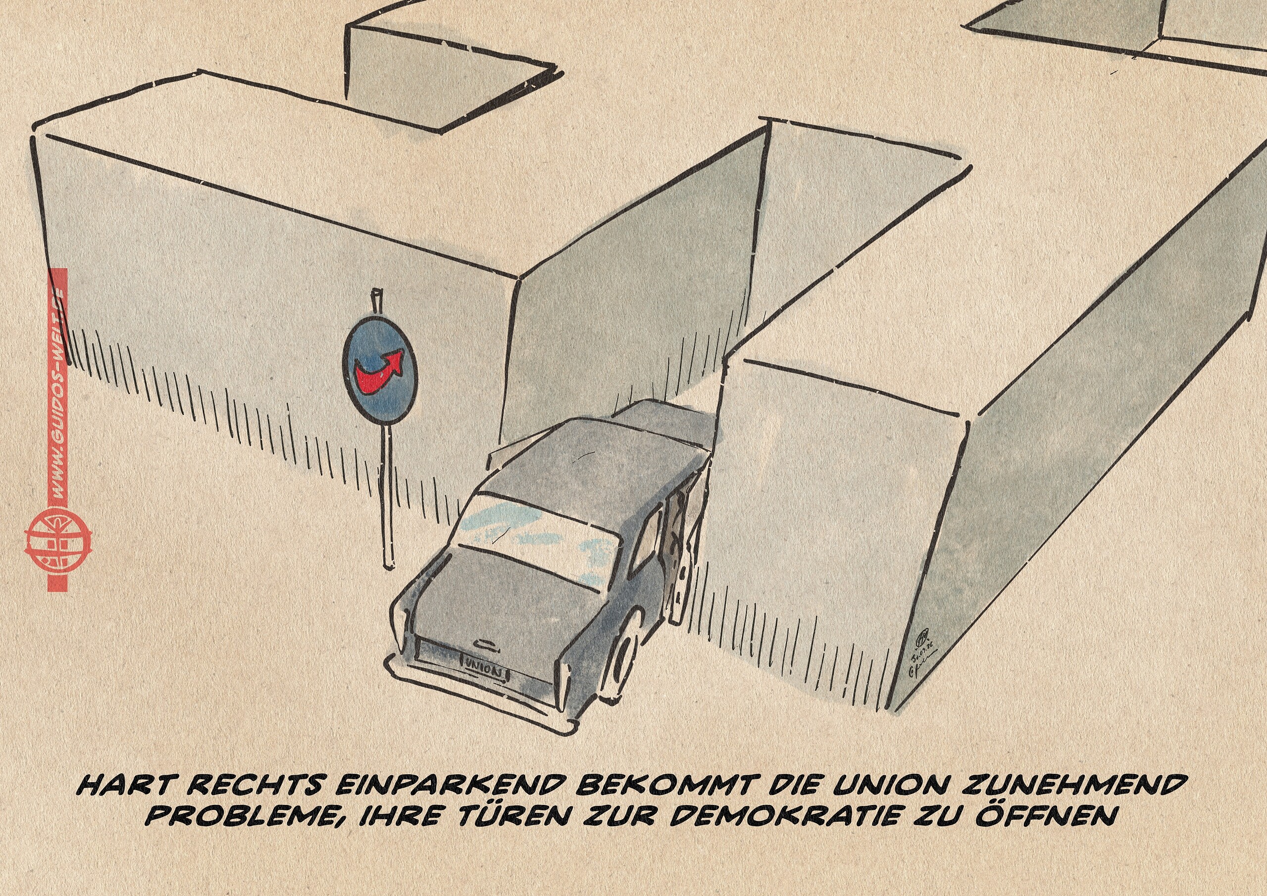 Illustration eines Autos, das in eine so enge Gasse einparkt, dass die Türen nicht mehr aufgehen. Die Gasse ist mit einem Verkehrsschild beschildert, rund blau mit AfD-Logopfeil. Die Gasse ist Teil eines zur Architektur gewordenen Hakenkreuzes. Textzeile: Hart rechts einparkend bekommt die Union zunehmend Probleme, ihre Türen zur Demokratie zu öffnen.