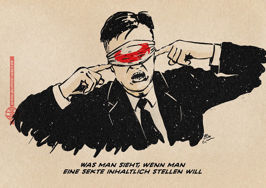 Illustration eines Mannes, der eine Augenbinde trägt und sich anstrengt, die Ohren zu halten. Die Augenbinde trägt den AfD-Logopfeil. Textzeile: Was man sieht, wenn man
eine Sekte inhaltlich stellen will