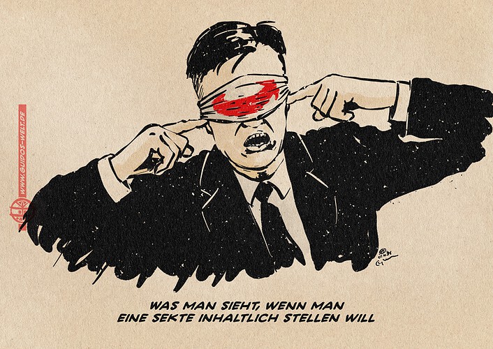 Illustration eines Mannes, der eine Augenbinde trägt und sich anstrengt, die Ohren zu halten. Die Augenbinde trägt den AfD-Logopfeil. Textzeile: Was man sieht, wenn man eine Sekte inhaltlich stellen will