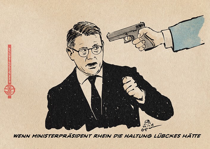 Illustration von Hessens Ministerpräsident Rhein, der sich vor einer an seine Schläfe gehaltenen Pistole wegduckt. TExtzeile: Wenn Ministerpräsident Rhein die Haltung Lübckes hätte