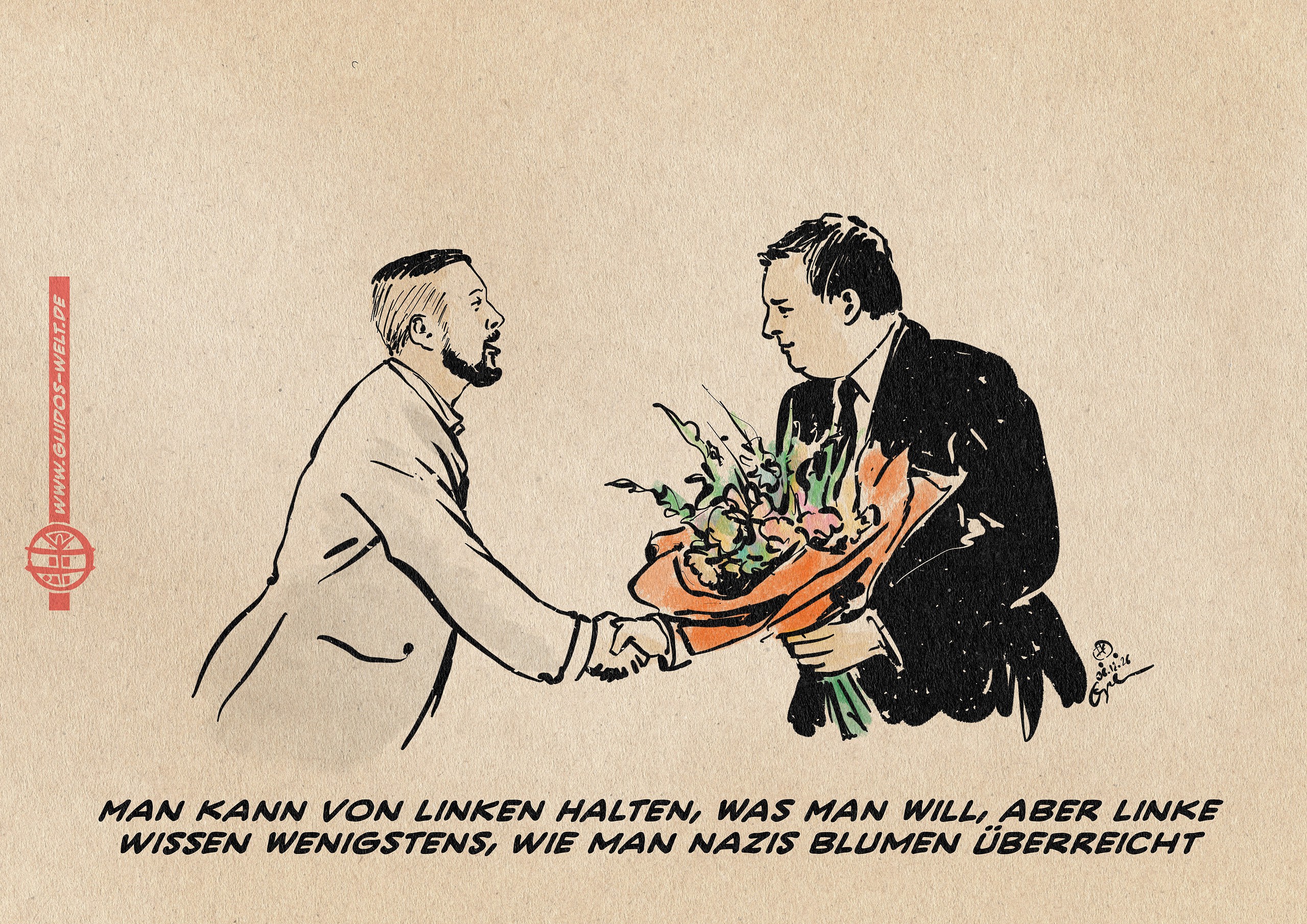 Illustration. Wiedergabe des Pressebildes, auf welchem Schulze von der Union händeschüttelnd dem neuem Landespräsidenten Rausch von der AfD zum Sieg gratuliert und ihm einen großen Blumenstrauß übergibt. Die Textzeile: „Man kann von Linken halten, was man will, aber Linke wissen wenigstens, wie man Nazis Blumen überreicht“ erinnert an die bekannte Szene, in welcher die Landeschefin der Linken 2020 dem Wahlsieger, der sich von der AfD wählen ließ, die Blumen vor die Füße warf.