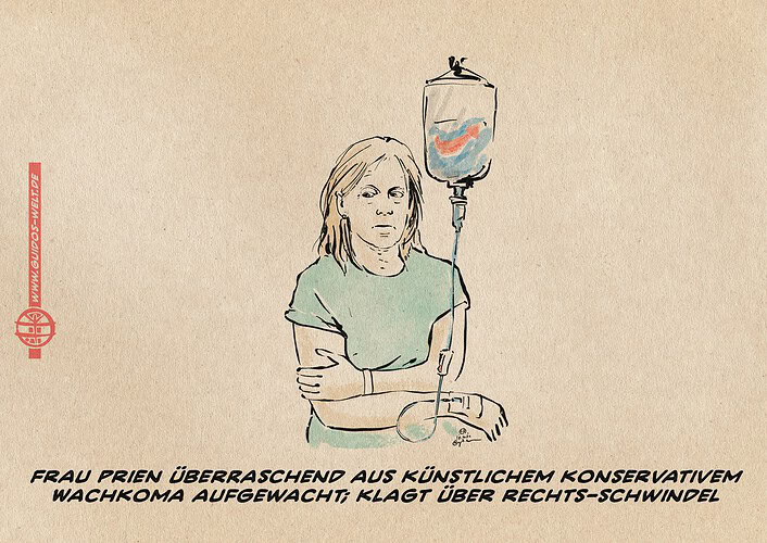 Illustration von Karin Prien unsicher sitzend im Krankenhaushemd mit einem Tropf, auf der Tropfflasche sieht man das AfD Logo