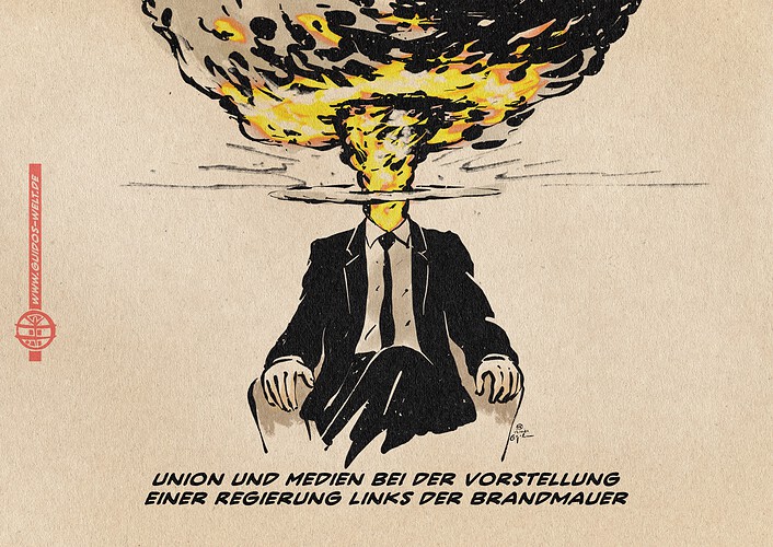 Illustration eines Mannes im Anzug der in einem Ledersessel sitzt. Sein Kopf ist ein explodierender Atompilz. Textzeile: Union und Medien bei der Vorstellung einer Regierung links der Brandmauer