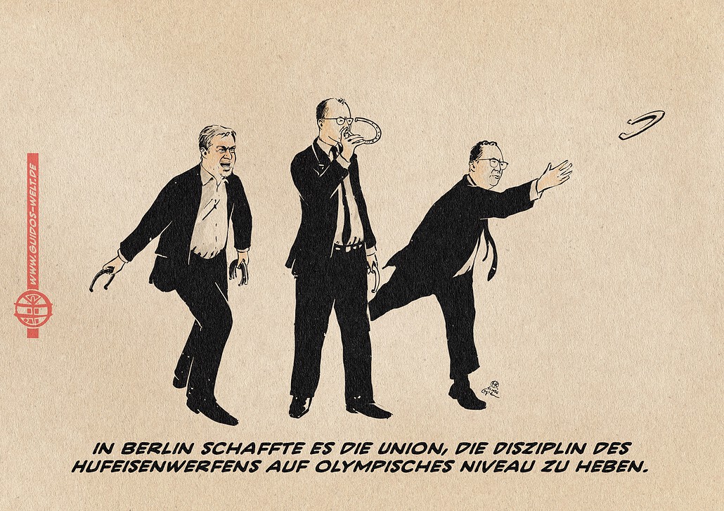 Illustration von Merz, Söder und Dobrinth beim Hufeisenwerfen. Textzeile: In Berlin schaffte es die Union, die Disziplin des Hufeisenwerfens auf olympisches Niveau zu heben.
