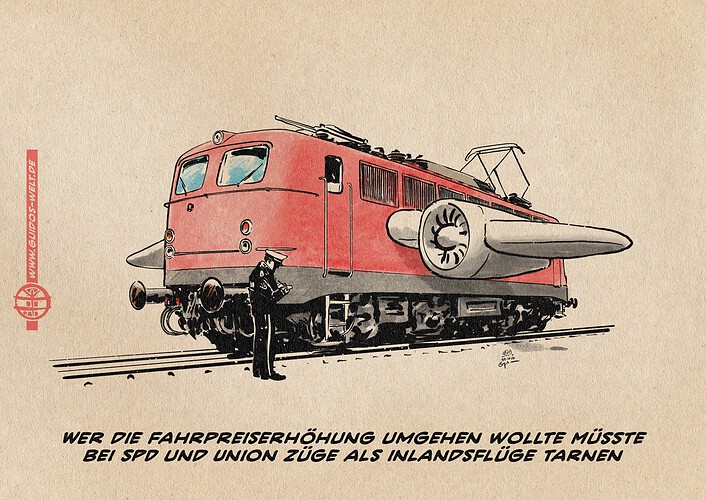 Illustration einer Regiozuglok vor der ein Polizist steht und sich etwas notiert. Die Lok hat Flügel wie ein Verkehrsflugzeug. Textzeile: Wer die Bahnpreiserhöhung umgehen wollte, müsste bei SPD und Union Züge als Inlandsflüge tarnen.