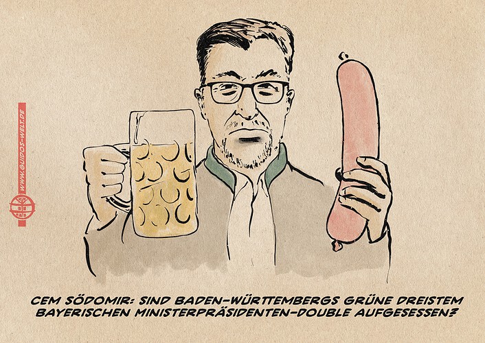 Illustration von Cem Özdemir mit Bart und Haaren von Söder im Jankerl eine Maß Bier und eine Wurst hochhaltend. Textzeile: Cem Södomir: Sind Baden-Württembergs Grüne dreistem Bayerischem Ministerpräsidenten-Double aufgesessen?